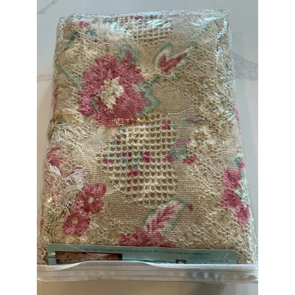 Vintage Texture Woven Cotton Colorprint Afghan Throw Floral Celeste NEW 50 X 60